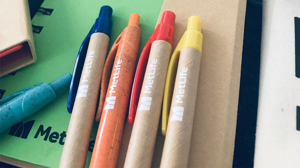 Marketing materials in Ukraine are now sourced from a company that manufactures products with lower impacts, like these pens made from recycled and ecofriendly materials. 